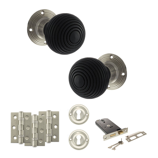 Old English Whitby Door Knob Pack (Lock Set - Horizontal Sashlock, 3" Fire Rated Hinges x3) by Atlantic Hardware