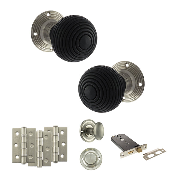 Old English Whitby Door Knob Pack (Lock Set - Horizontal Bathlock, 3" Fire Rated Hinges x3) by Atlantic Hardware