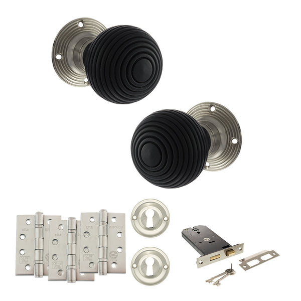 Old English Whitby Door Knob Pack (Lock Set - Horizontal Sashlock, 4" Fire Rated Hinges x3) by Atlantic Hardware