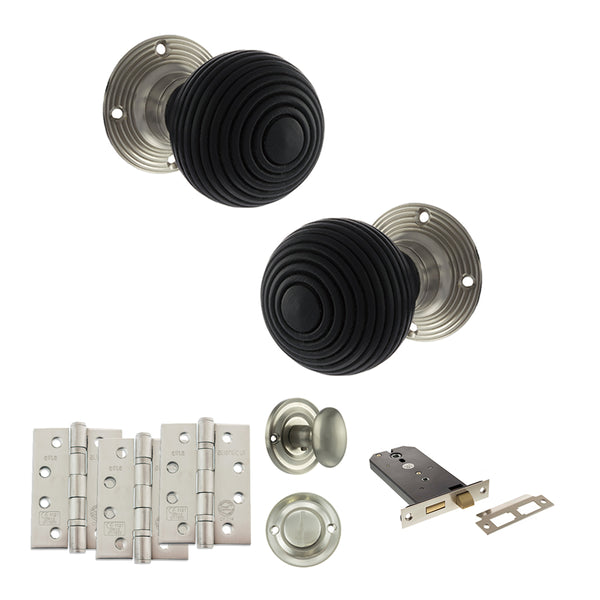 Old English Whitby Door Knob Pack (Lock Set - Horizontal Bathlock, 4" Fire Rated Hinges x3) by Atlantic Hardware