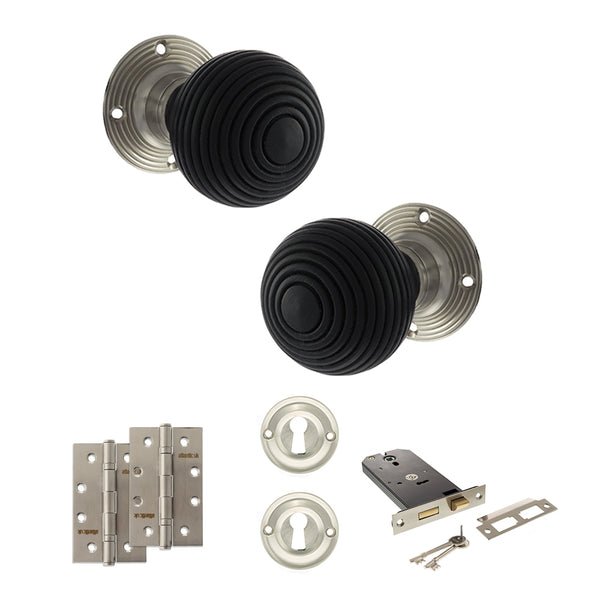 Old English Whitby Door Knob Pack (Lock Set - Horizontal Sashlock, 4" Slim Knuckle Hinges x2) by Atlantic Hardware