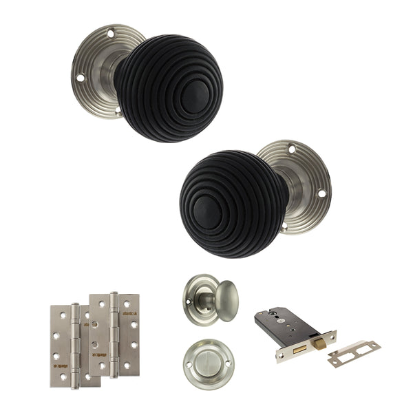 Old English Whitby Door Knob Pack (Lock Set - Horizontal Bathlock, 4" Slim Knuckle Hinges x2) by Atlantic Hardware