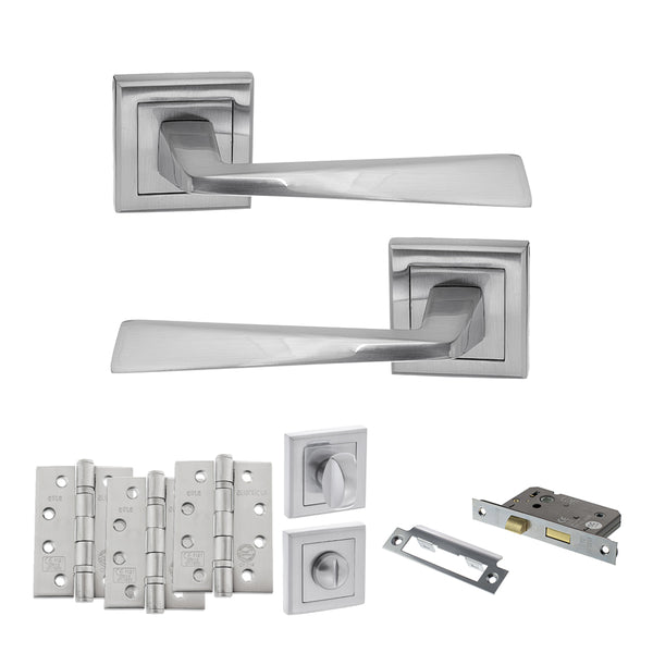 Status California Door Handle Pack (Bathroom Set - 2.5" CE Bathroom Lock, 4" Fire Rated Hinges x3) by Atlantic Hardware