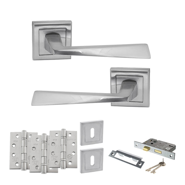 Status California Door Handle Pack (3 Lever Lock Set - 2.5" CE Sashlock, 4" Fire Rated Hinges x3) by Atlantic Hardware