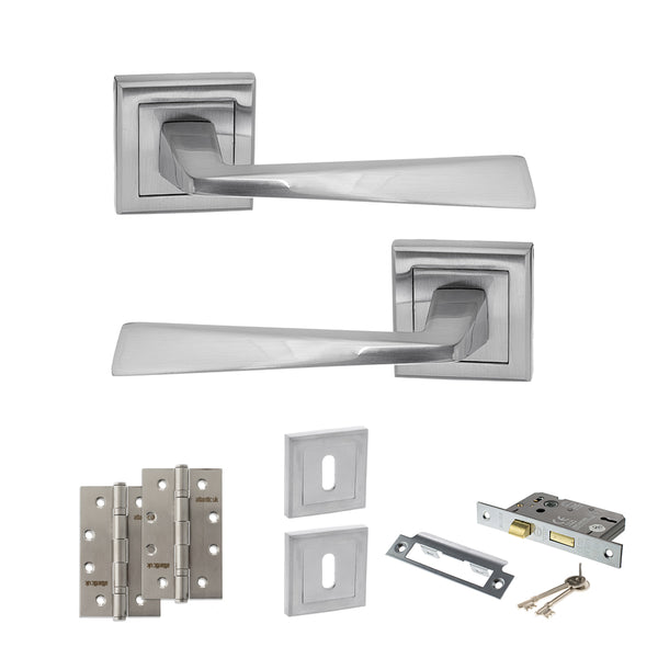 Status California Door Handle Pack (3 Lever Lock Set - 2.5" CE Sashlock, 4" Slim Knuckle Hinges x2) by Atlantic Hardware