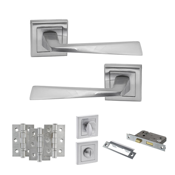 Status California Door Handle Pack (Bathroom Set - 3" CE Bathroom Lock, 3" Fire Rated Hinges x3) by Atlantic Hardware