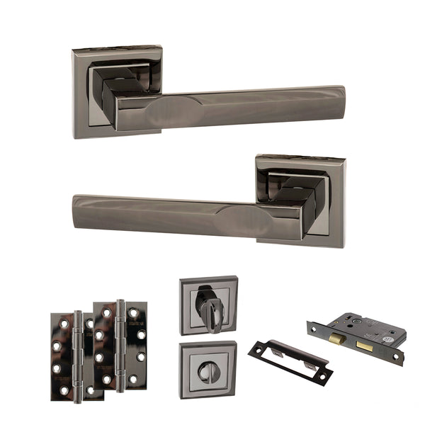 Status Kansas Door Handle Pack (Bathroom Set - 3" CE Bathroom Lock, 4" Slim Knuckle Hinges x2) by Atlantic Hardware