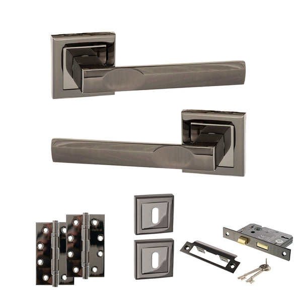 Status Kansas Door Handle Pack (3 Lever Lock Set - 2.5" CE Sashlock, 4" Slim Knuckle Hinges x2) by Atlantic Hardware