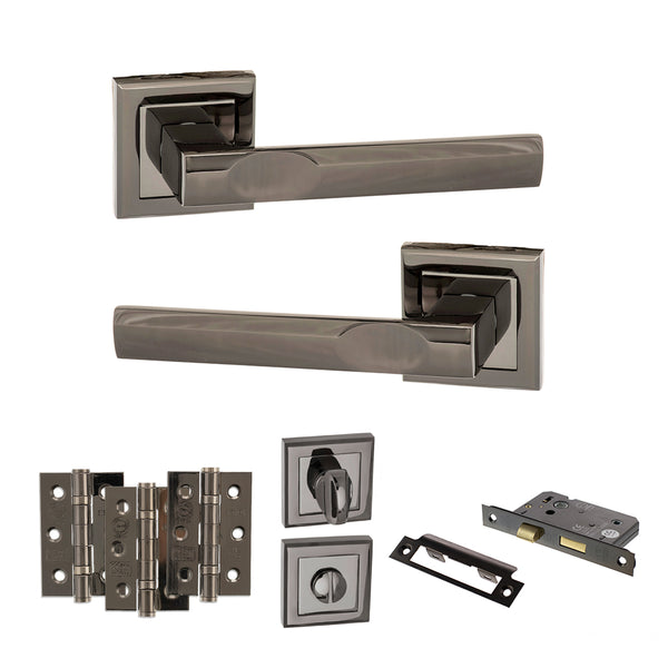Status Kansas Door Handle Pack (Bathroom Set - 2.5" CE Bathroom Lock, 3" Fire Rated Hinges x3) by Atlantic Hardware