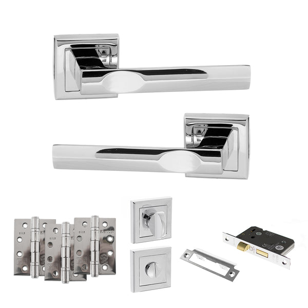 Status Kansas Door Handle Pack (Bathroom Set - 3" CE Bathroom Lock, 4" Fire Rated Hinges x3) by Atlantic Hardware
