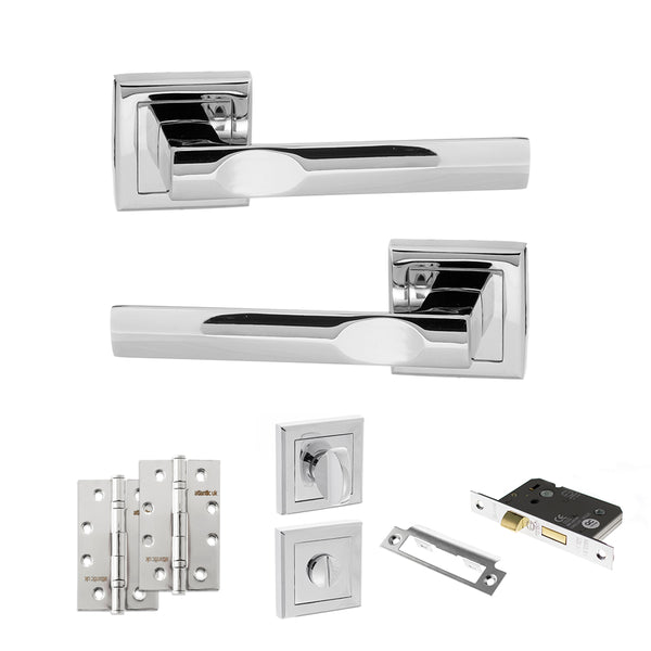 Status Kansas Door Handle Pack (Bathroom Set - 2.5" CE Bathroom Lock, 4" Slim Knuckle Hinges x2) by Atlantic Hardware