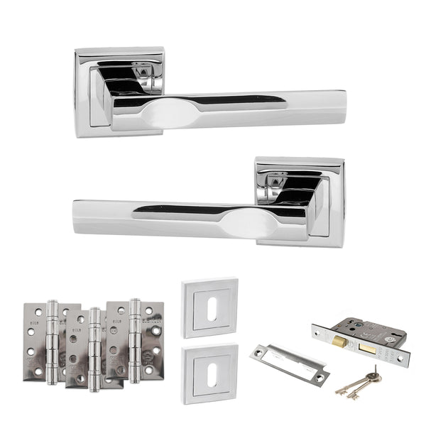Status Kansas Door Handle Pack (3 Lever Lock Set - 2.5" CE Sashlock, 4" Fire Rated Hinges x3) by Atlantic Hardware