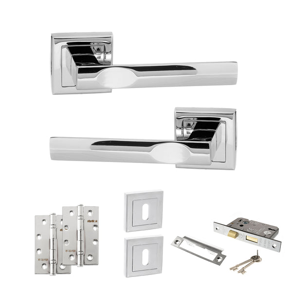 Status Kansas Door Handle Pack (3 Lever Lock Set - 2.5" CE Sashlock, 4" Slim Knuckle Hinges x2) by Atlantic Hardware