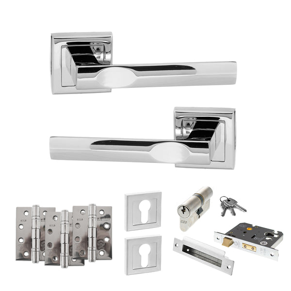 Status Kansas Door Handle Pack (Euro Lock Set - 3" CE Sashlock, 4" Fire Rated Hinges x3) by Atlantic Hardware