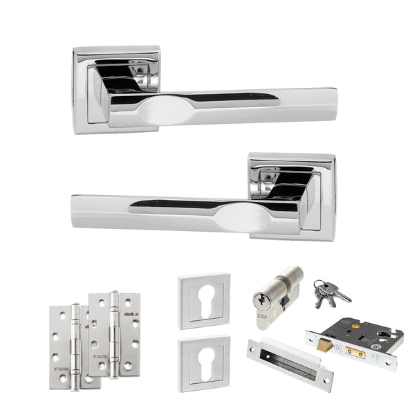 Status Kansas Door Handle Pack (Euro Lock Set - 2.5" CE Sashlock, 4" Slim Knuckle Hinges x2) by Atlantic Hardware