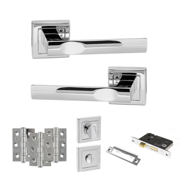 Status Kansas Door Handle Pack (Bathroom Set - 2.5" CE Bathroom Lock, 3" Fire Rated Hinges x3) by Atlantic Hardware