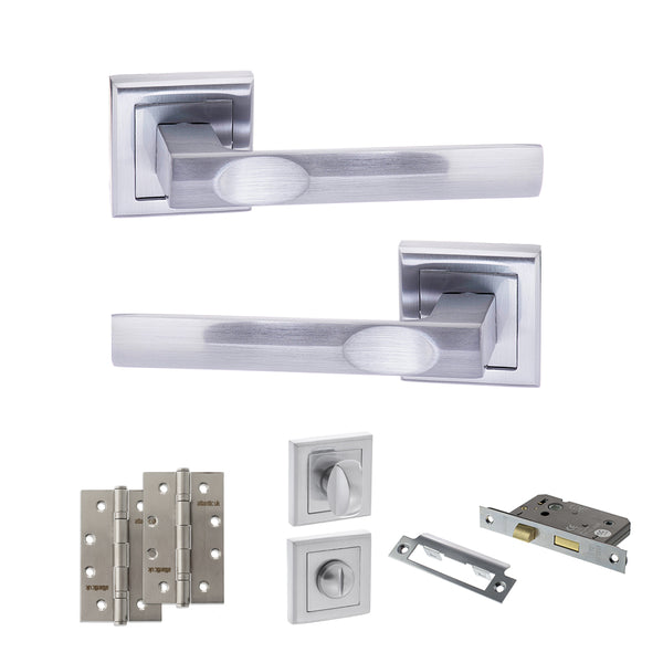 Status Kansas Door Handle Pack (Bathroom Set - 3" CE Bathroom Lock, 4" Slim Knuckle Hinges x2) by Atlantic Hardware