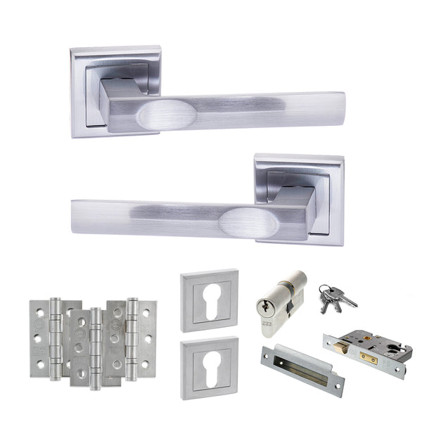 Status Kansas Door Handle Pack (Euro Lock Set - 3" CE Sashlock, 3" Fire Rated Hinges x3) by Atlantic Hardware