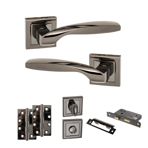 Status Oklahoma Door Handle Pack (Bathroom Set - 3" CE Bathroom Lock, 4" Slim Knuckle Hinges x2) by Atlantic Hardware