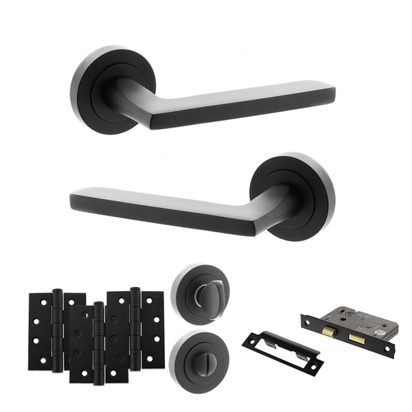 Status Alaska Door Handle Pack (Bathroom Set - 3" CE Bathroom Lock, 4" Fire Rated Hinges x3) by Atlantic Hardware