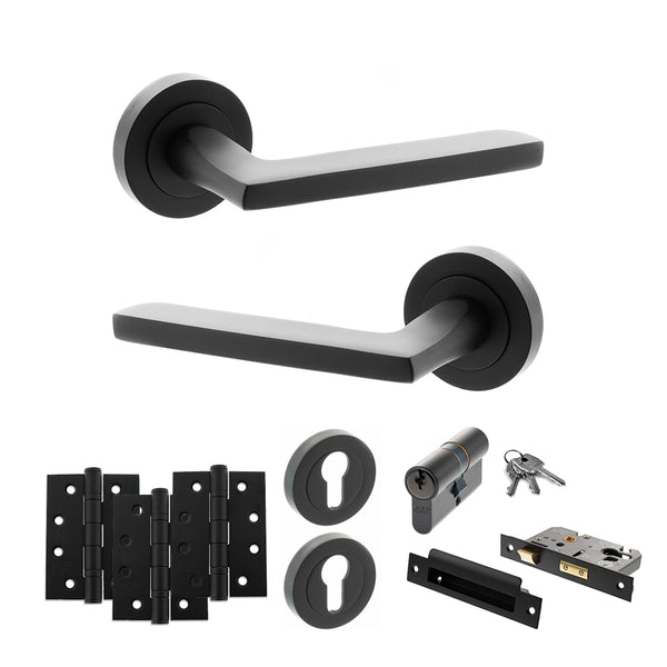 Status Alaska Door Handle Pack (Euro Lock Set - 3" CE Sashlock, 4" Fire Rated Hinges x3) by Atlantic Hardware