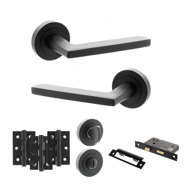 Status Alaska Door Handle Pack (Bathroom Set - 2.5" CE Bathroom Lock, 3" Fire Rated Hinges x3) by Atlantic Hardware