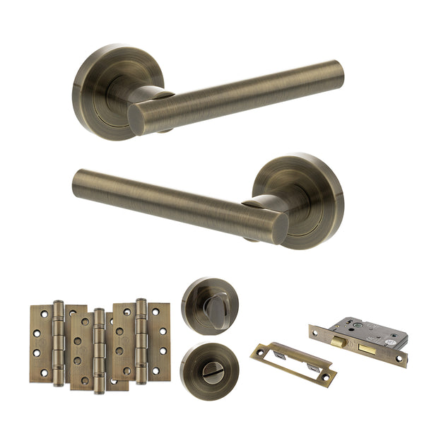 Status Nebraska Door Handle Pack (Bathroom Set - 3" CE Bathroom Lock, 4" Fire Rated Hinges x3) by Atlantic Hardware