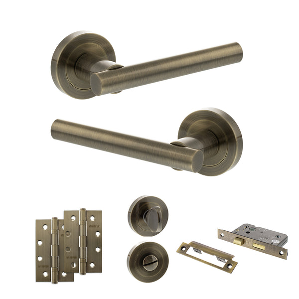 Status Nebraska Door Handle Pack (Bathroom Set - 2.5" CE Bathroom Lock, 4" Slim Knuckle Hinges x2) by Atlantic Hardware