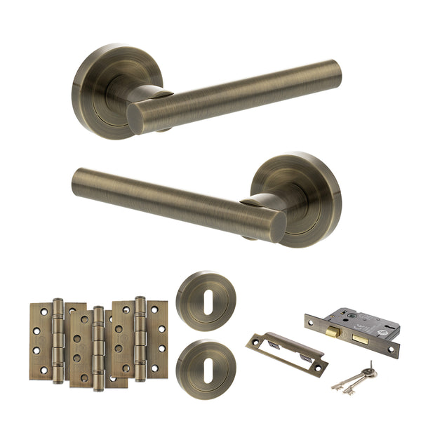 Status Nebraska Door Handle Pack (3 Lever Lock Set - 2.5" CE Sashlock, 4" Fire Rated Hinges x3) by Atlantic Hardware
