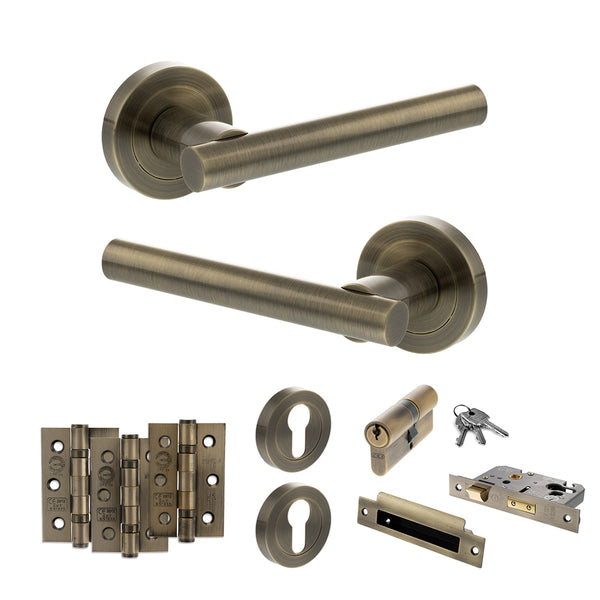 Status Nebraska Door Handle Pack (Euro Lock Set - 3" CE Sashlock, 3" Fire Rated Hinges x3) by Atlantic Hardware