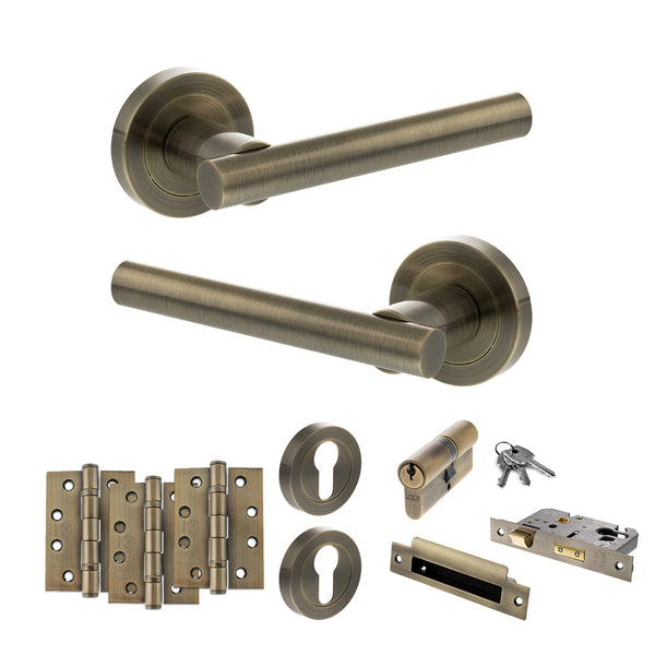 Status Nebraska Door Handle Pack (Euro Lock Set - 3" CE Sashlock, 4" Fire Rated Hinges x3) by Atlantic Hardware