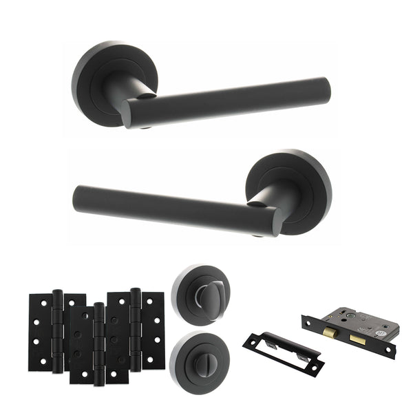 Status Nebraska Door Handle Pack (Bathroom Set - 2.5" CE Bathroom Lock, 4" Fire Rated Hinges x3) by Atlantic Hardware
