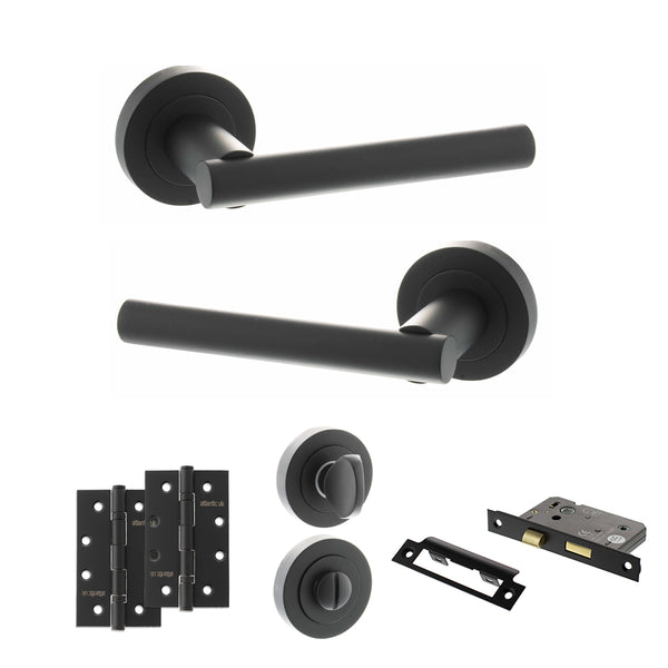 Status Nebraska Door Handle Pack (Bathroom Set - 2.5" CE Bathroom Lock, 4" Slim Knuckle Hinges x2) by Atlantic Hardware