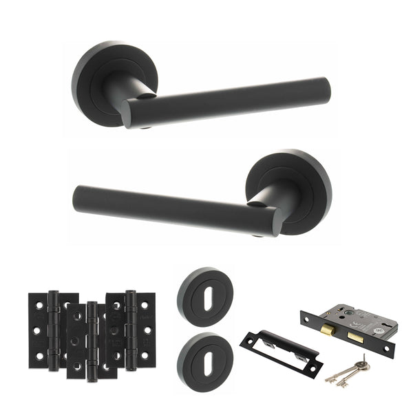 Status Nebraska Door Handle Pack (3 Lever Lock Set - 3" CE Sashlock, 3" Fire Rated Hinges x3) by Atlantic Hardware