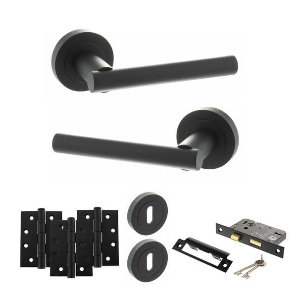 Status Nebraska Door Handle Pack (3 Lever Lock Set - 3" CE Sashlock, 4" Fire Rated Hinges x3) by Atlantic Hardware