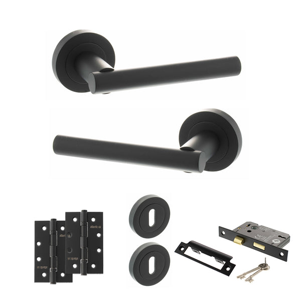 Status Nebraska Door Handle Pack (3 Lever Lock Set - 2.5" CE Sashlock, 4" Slim Knuckle Hinges x2) by Atlantic Hardware