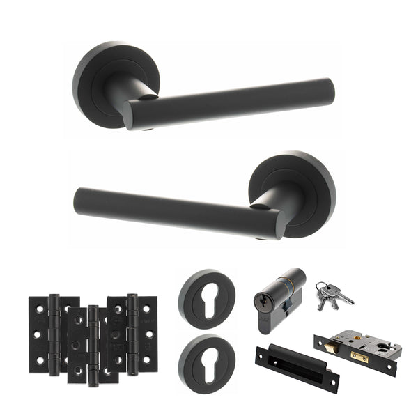 Status Nebraska Door Handle Pack (Euro Lock Set - 3" CE Sashlock, 3" Fire Rated Hinges x3) by Atlantic Hardware