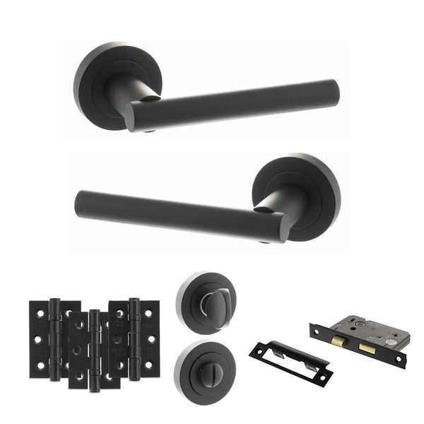 Status Nebraska Door Handle Pack (Bathroom Set - 2.5" CE Bathroom Lock, 3" Fire Rated Hinges x3) by Atlantic Hardware