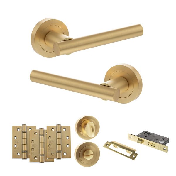 Status Nebraska Door Handle Pack (Bathroom Set - 3" CE Bathroom Lock, 4" Fire Rated Hinges x3) by Atlantic Hardware