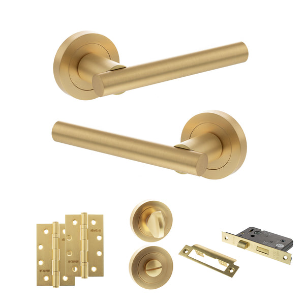 Status Nebraska Door Handle Pack (Bathroom Set - 3" CE Bathroom Lock, 4" Slim Knuckle Hinges x2) by Atlantic Hardware
