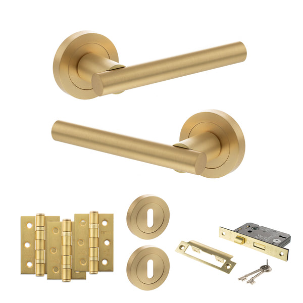 Status Nebraska Door Handle Pack (3 Lever Lock Set - 3" CE Sashlock, 3" Fire Rated Hinges x3) by Atlantic Hardware