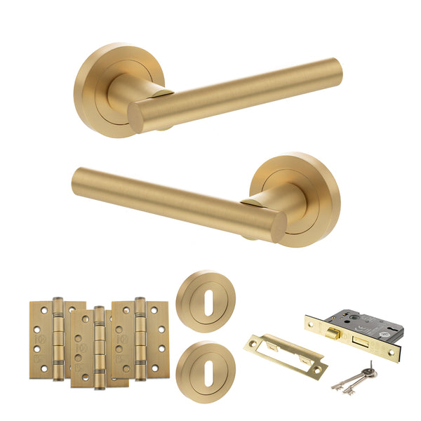 Status Nebraska Door Handle Pack (3 Lever Lock Set - 3" CE Sashlock, 4" Fire Rated Hinges x3) by Atlantic Hardware