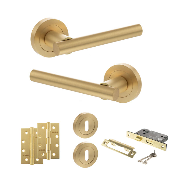 Status Nebraska Door Handle Pack (3 Lever Lock Set - 3" CE Sashlock, 4" Slim Knuckle Hinges x2) by Atlantic Hardware