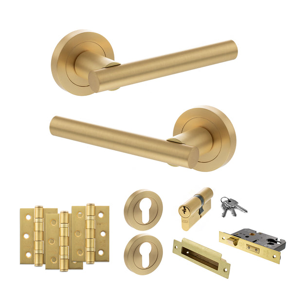 Status Nebraska Door Handle Pack (Euro Lock Set - 3" CE Sashlock, 3" Fire Rated Hinges x3) by Atlantic Hardware