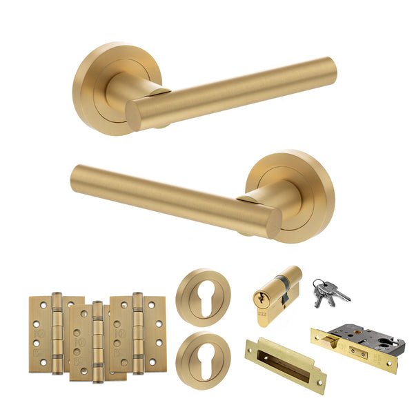 Status Nebraska Door Handle Pack (Euro Lock Set - 3" CE Sashlock, 4" Fire Rated Hinges x3) by Atlantic Hardware