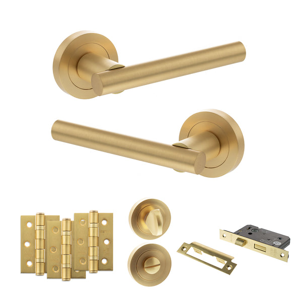 Status Nebraska Door Handle Pack (Bathroom Set - 2.5" CE Bathroom Lock, 3" Fire Rated Hinges x3) by Atlantic Hardware