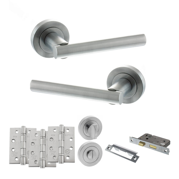 Status Nebraska Door Handle Pack (Bathroom Set - 2.5" CE Bathroom Lock, 4" Fire Rated Hinges x3) by Atlantic Hardware