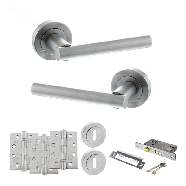 Status Nebraska Door Handle Pack (3 Lever Lock Set - 2.5" CE Sashlock, 4" Fire Rated Hinges x3) by Atlantic Hardware