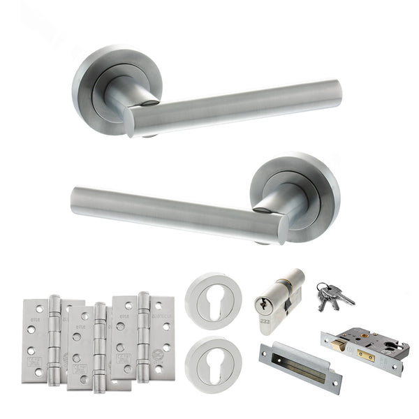 Status Nebraska Door Handle Pack (Euro Lock Set - 3" CE Sashlock, 4" Fire Rated Hinges x3) by Atlantic Hardware