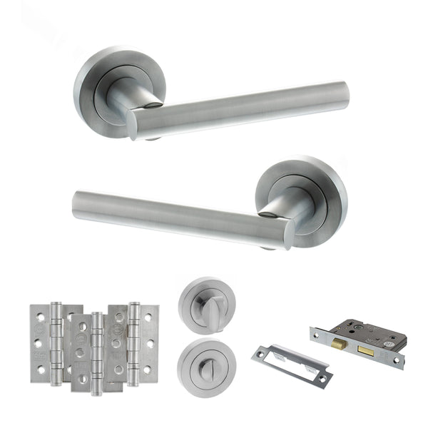 Status Nebraska Door Handle Pack (Bathroom Set - 3" CE Bathroom Lock, 3" Fire Rated Hinges x3) by Atlantic Hardware